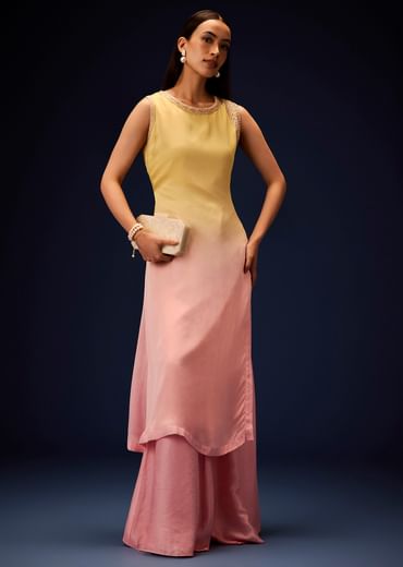 Yellow Ombre A Line Kurta With Bell Bottom Pants