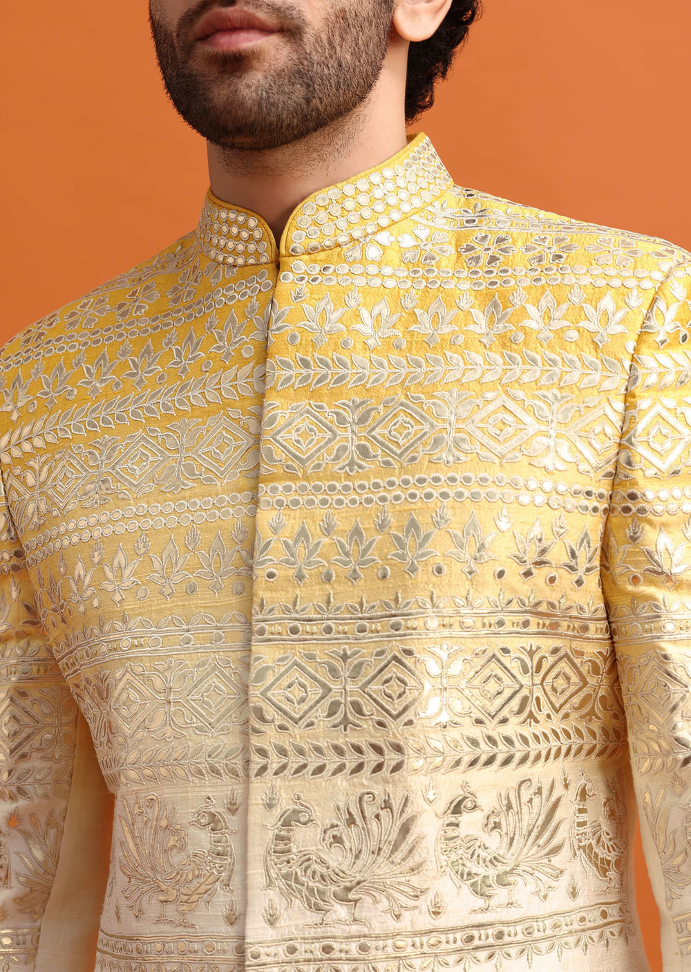 Yellow Ombre Indowestern Set With Foil Applique For Men