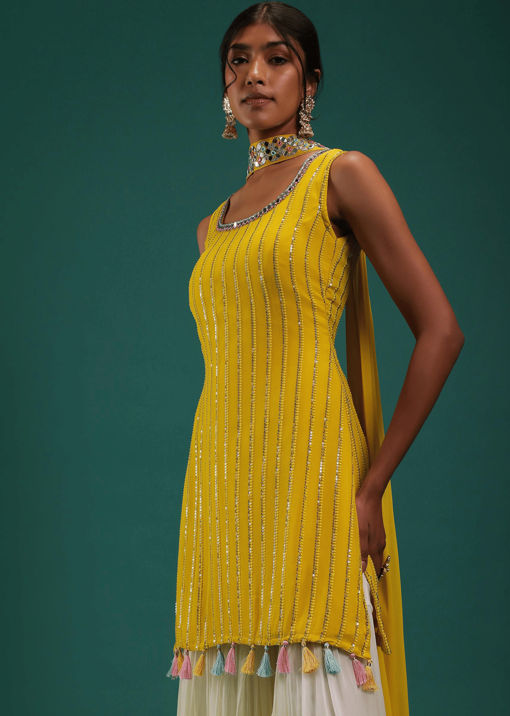 Yellow Ombre Kurti And Sharara Set In Georgette With Sequins Work