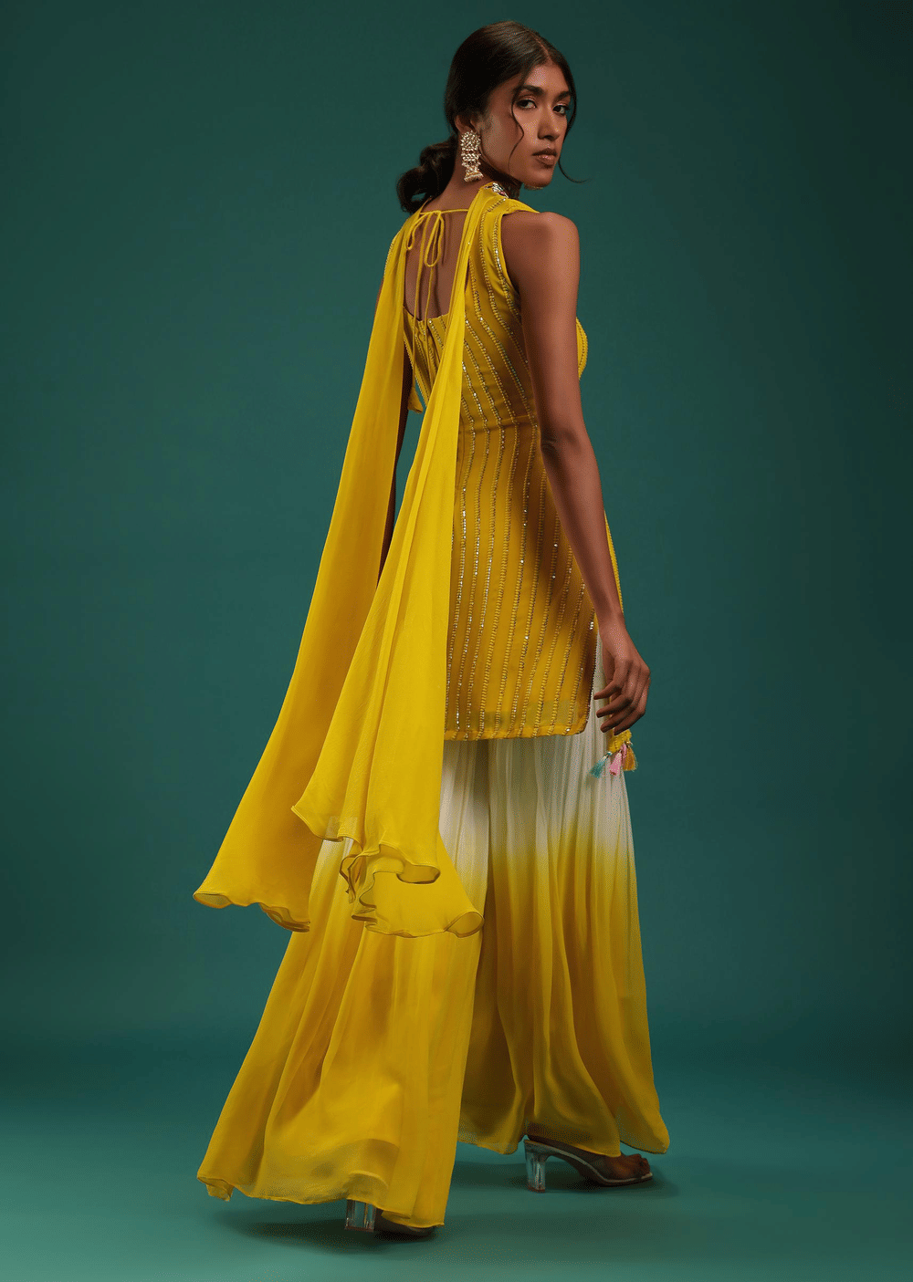 Yellow Ombre Kurti And Sharara Set In Georgette With Sequins Work
