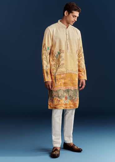 Yellow Ombre Silk Kurta Set With Floral And Animal Print Motifs