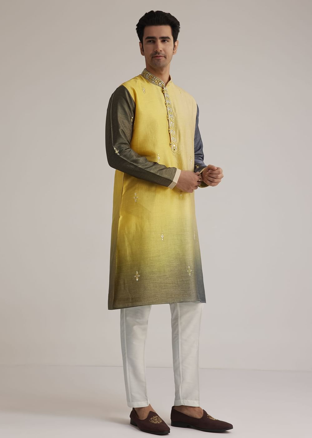 Yellow Ombre Silk Kurta Set With Mirror Work