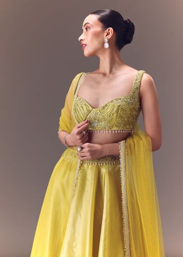 Yellow Organza Double Circular Lehenga Set With Hand Work