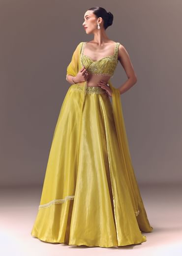 Yellow Organza Double Circular Lehenga Set With Hand Work