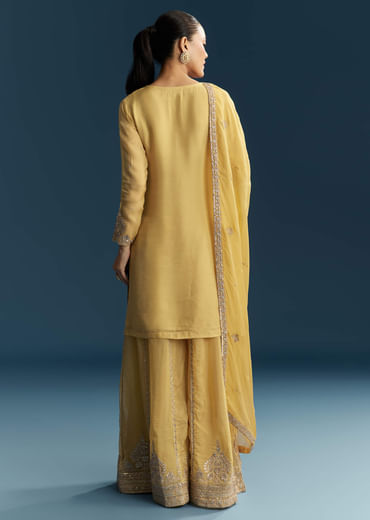 Yellow Organza Palazzo Suit With Zari And Mirror Embroidery
