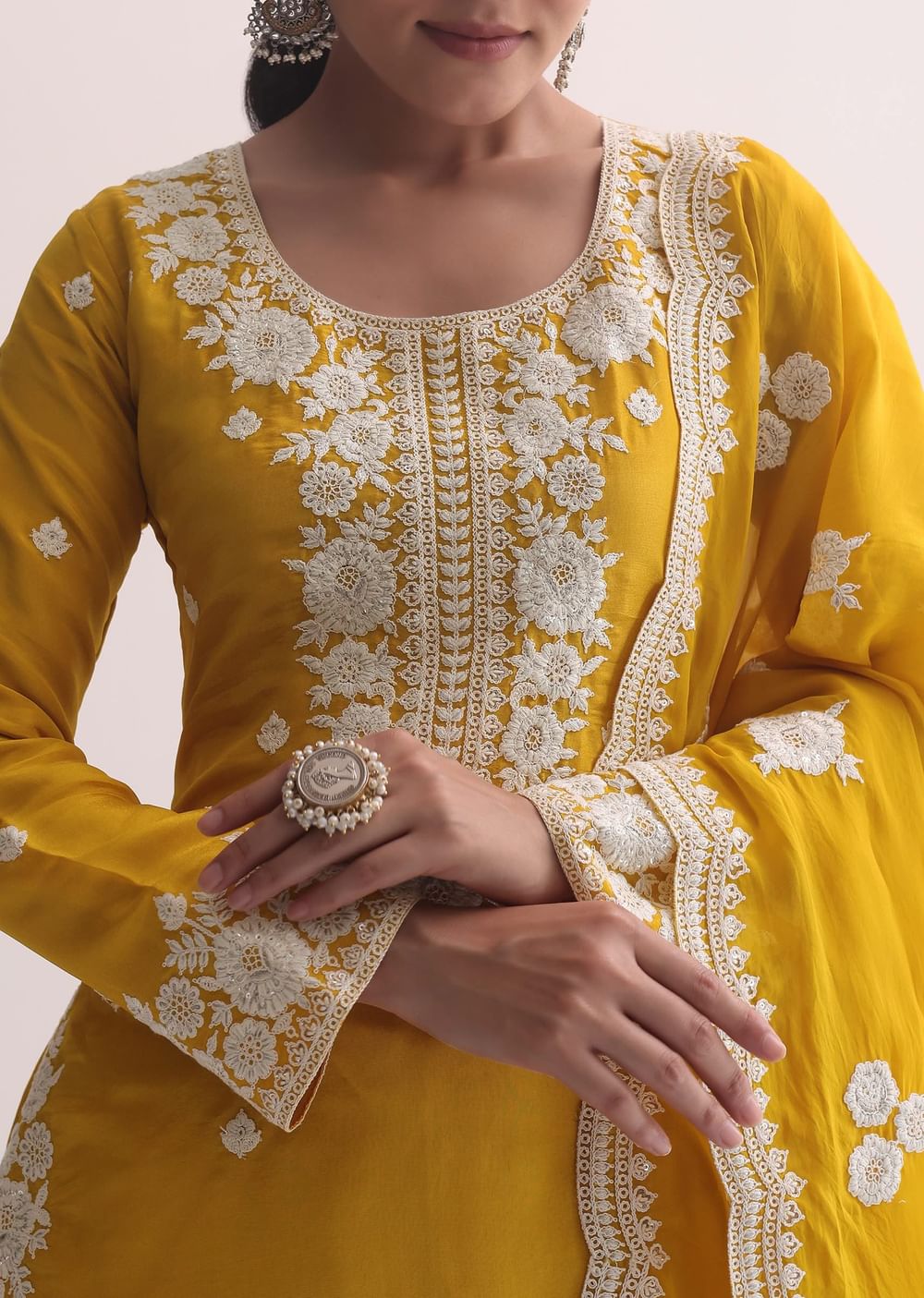 Yellow Organza Resham Threadwork Embroiderd Kurti Pant Set