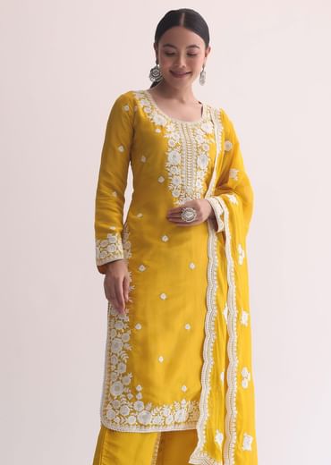 Yellow Organza Resham Threadwork Embroiderd Kurti Pant Set