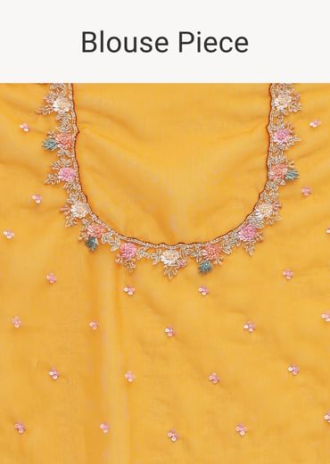 Yellow Organza Saree In 3D Sequins With Unstitched Blouse