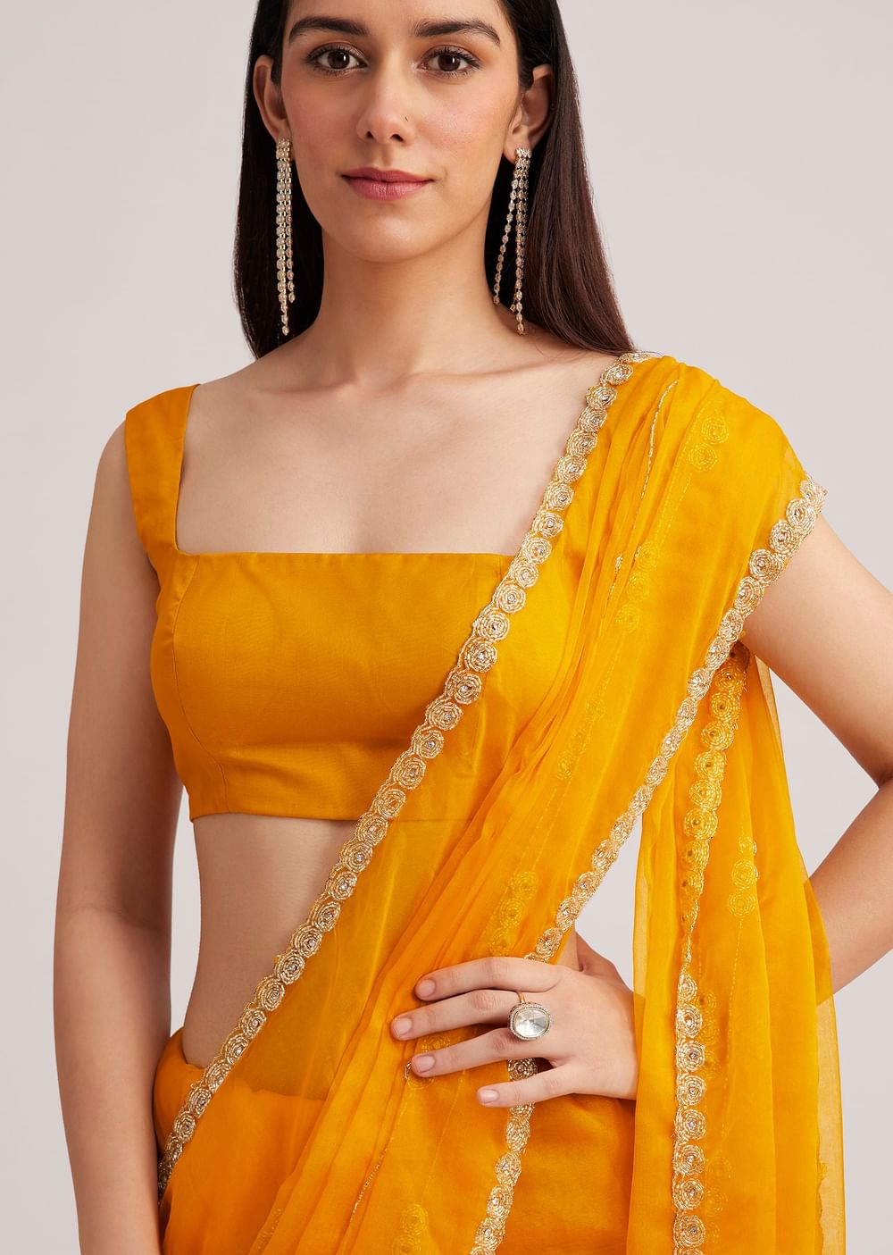 Yellow Organza Saree With Cutdana Embroidery