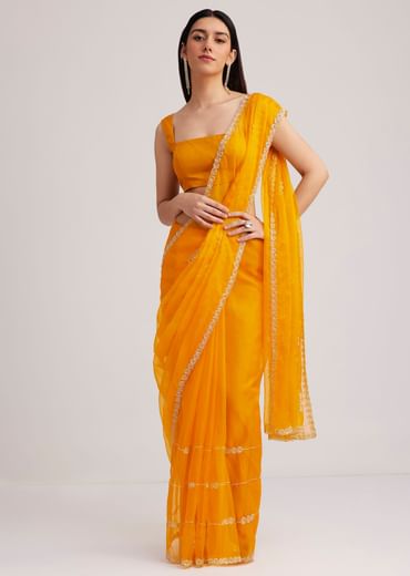 Yellow Organza Saree With Cutdana Embroidery