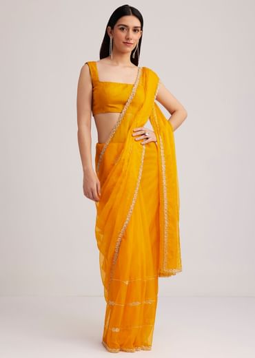 Yellow Organza Saree With Cutdana Embroidery