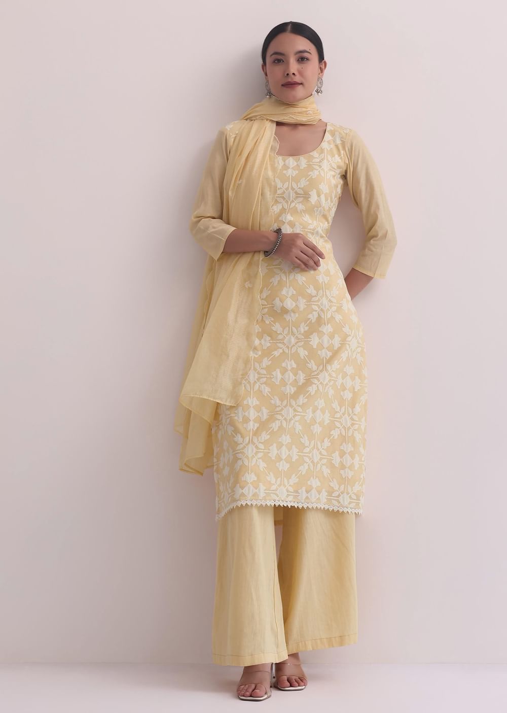 Yellow Palazzo Set With Patchwork Kurta