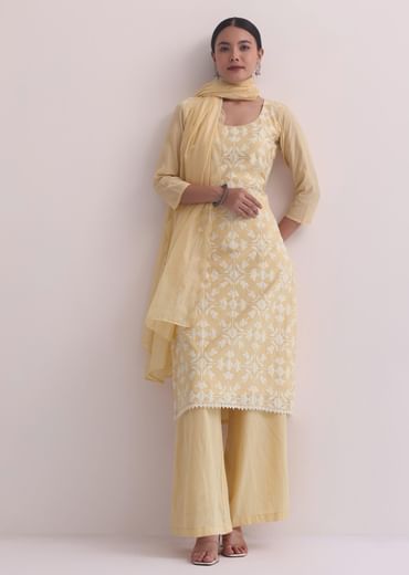 Yellow Palazzo Set With Patchwork Kurta