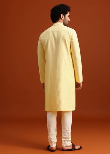 Yellow Poly Silk Quilted Kurta Set