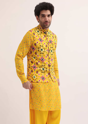 Yellow Patola Printed Kurta Jacket Set For Men