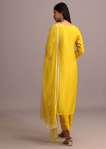 Yellow Printed Kurta Pant Set With Net Dupatta