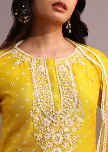 Yellow Printed Kurta Pant Set With Net Dupatta
