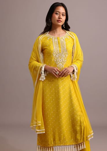 Yellow Printed Kurta Pant Set With Net Dupatta