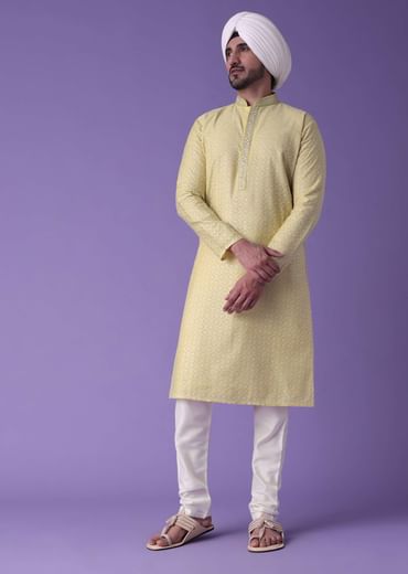 Yellow Printed Kurta Set In Silk With Zari Work