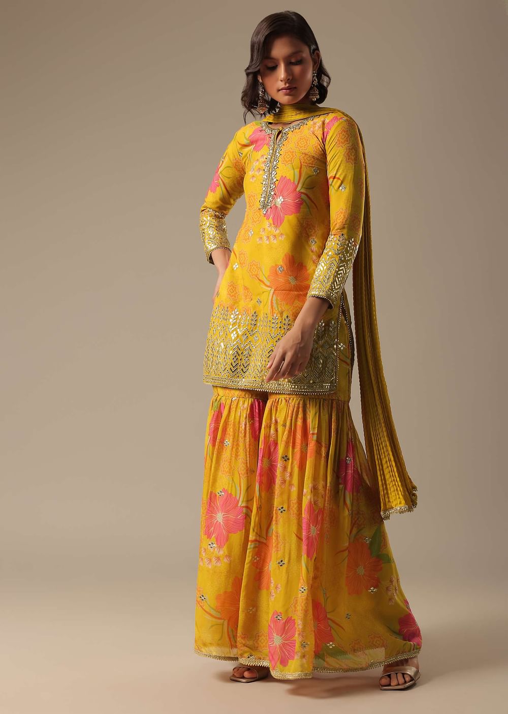 Yellow Printed Sharara Set With Gotta Patti Kurta
