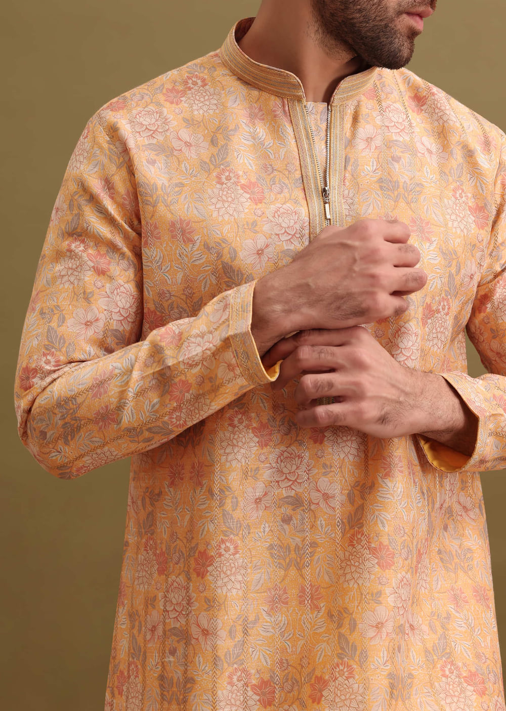Yellow Printed Silk Zipper Kurta Set For Men