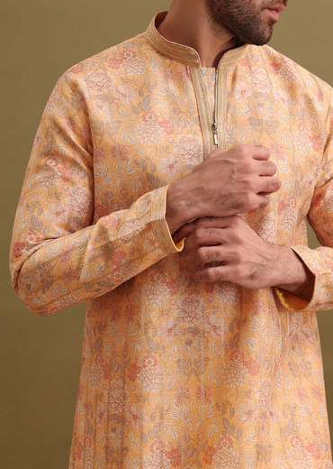Yellow Printed Silk Zipper Kurta Set For Men