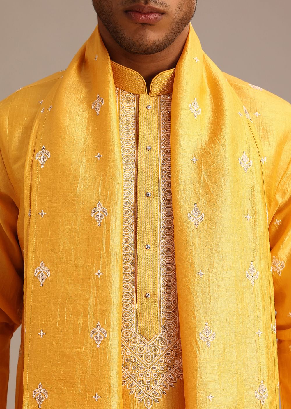 Yellow Raw Silk Threadwork Kurta Set With Dupatta