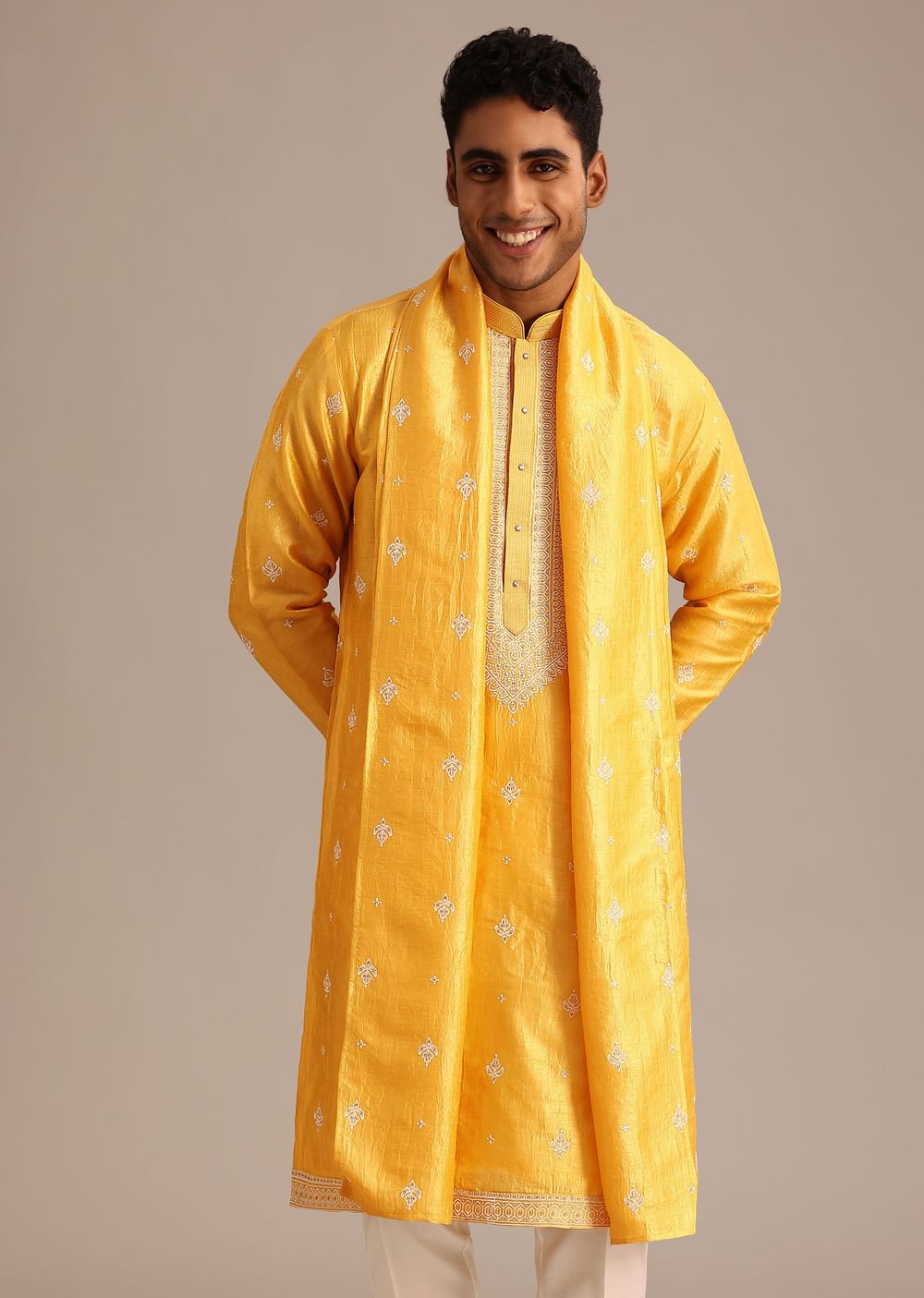 Yellow Raw Silk Threadwork Kurta Set With Dupatta