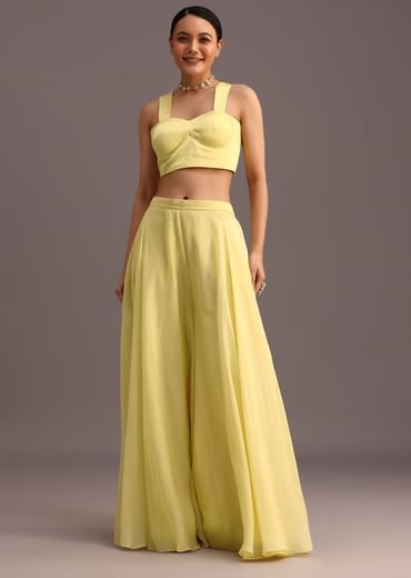 Yellow Resham Work Jacket And Croptop Palazzo Set