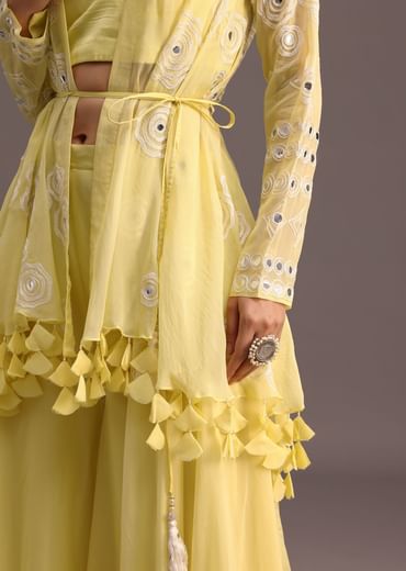 Yellow Resham Work Jacket And Croptop Palazzo Set
