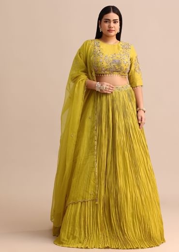 Yellow Ruched Lehenga With Embroidered Blouse And Dupatta