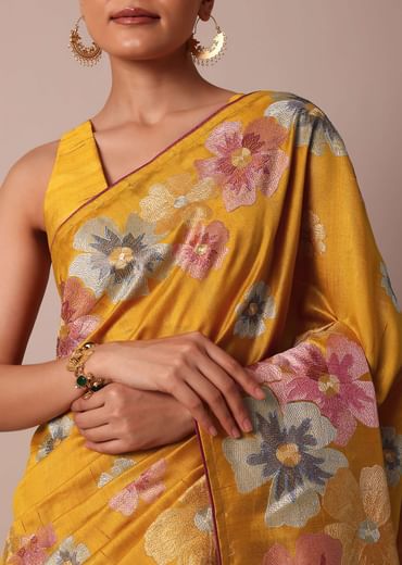 Yellow Semi Tussar Silk Saree With Resham Thread Artistry