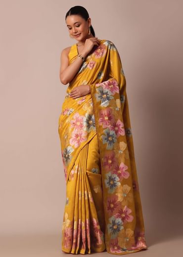 Yellow Semi Tussar Silk Saree With Resham Thread Artistry