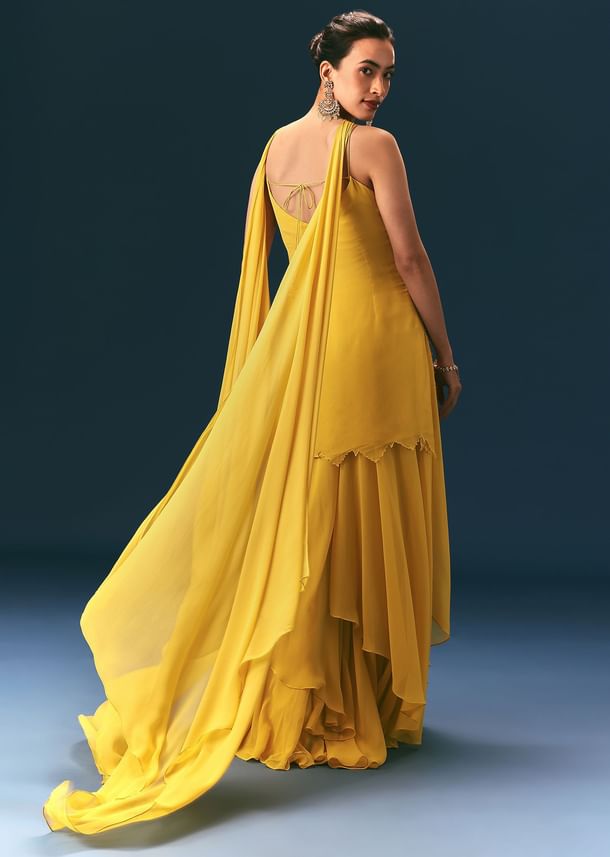 Yellow Sequin Hand Work Sharara Suit With Embroidered Choker Dupatta