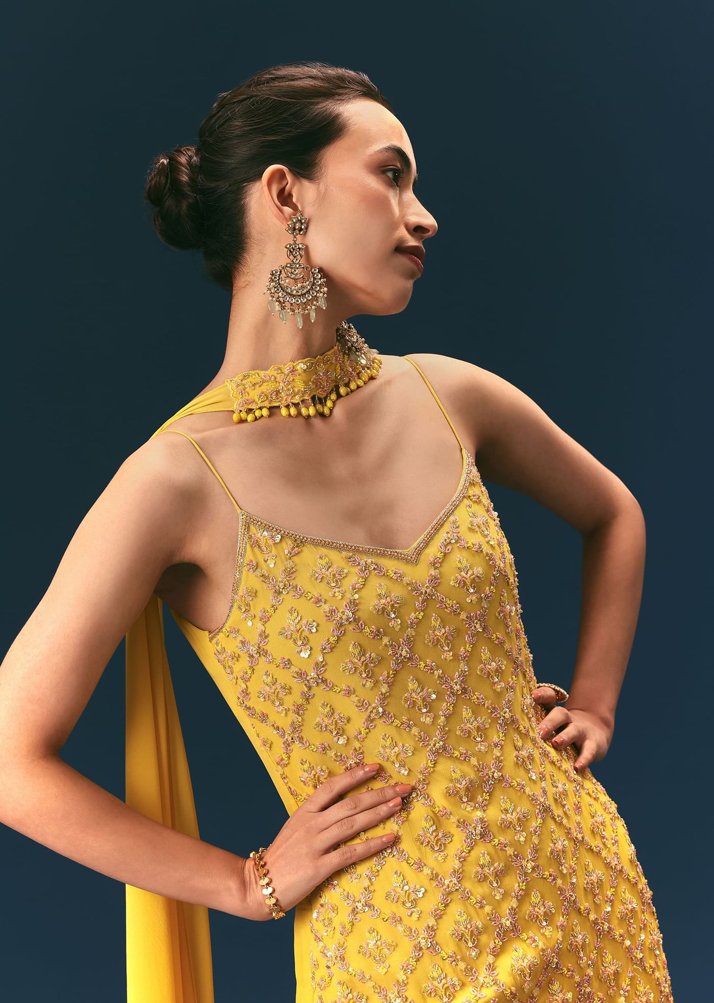 Yellow Sequin Hand Work Sharara Suit With Embroidered Choker Dupatta