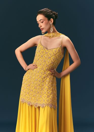 Yellow Sequin Hand Work Sharara Suit With Embroidered Choker Dupatta