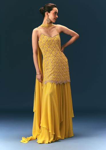 Yellow Sequin Hand Work Sharara Suit With Embroidered Choker Dupatta
