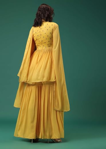 Yellow Sharara Suit Set In Georgette With Fancy Sleeves
