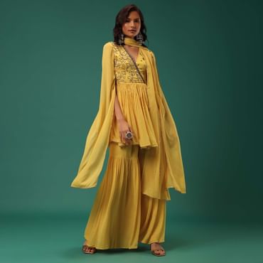 Yellow Sharara Suit Set In Georgette With Fancy Sleeves