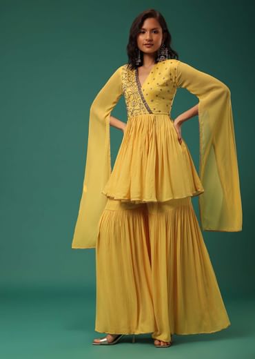 Yellow Sharara Suit Set In Georgette With Fancy Sleeves