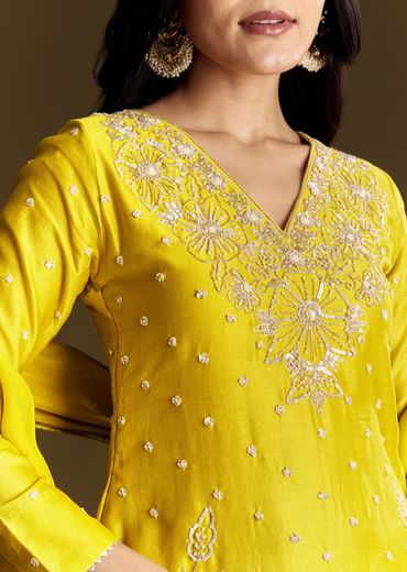 Yellow Sharara Suit With Cut Dana Sequins