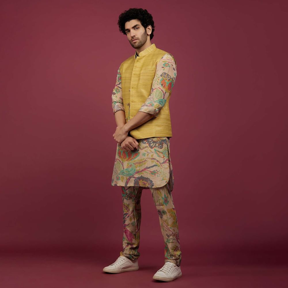 Mustard Yellow Silk Bandi Jacket With Tan Brown Printed Kurta Set