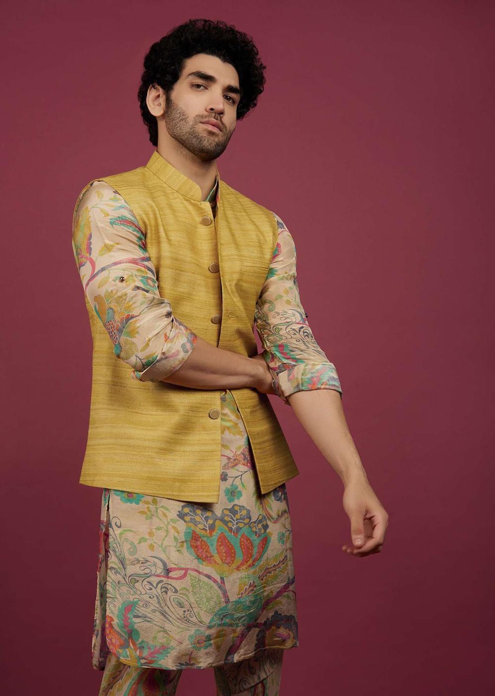 Mustard Yellow Silk Bandi Jacket With Tan Brown Printed Kurta Set