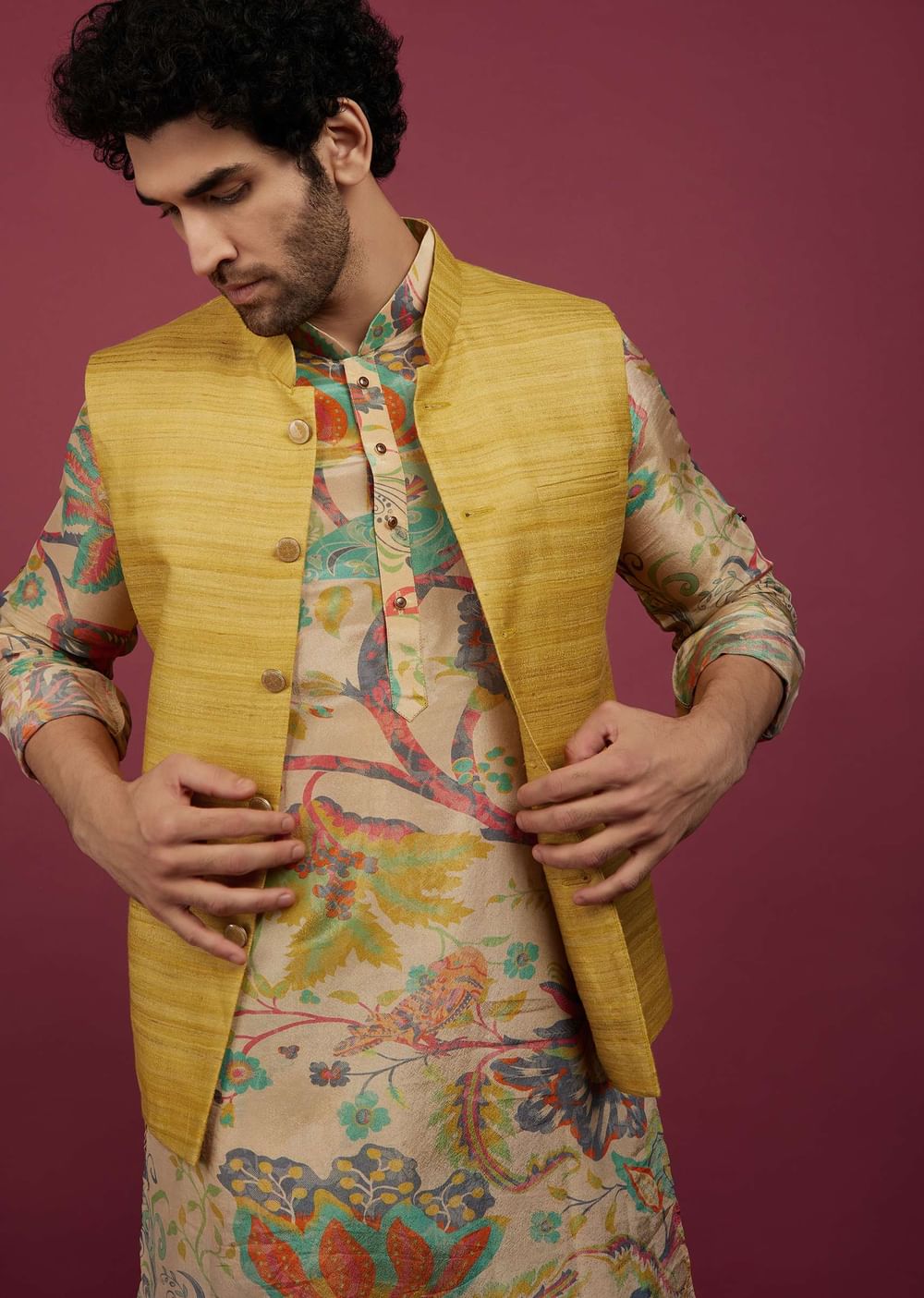 Mustard Yellow Silk Bandi Jacket With Tan Brown Printed Kurta Set