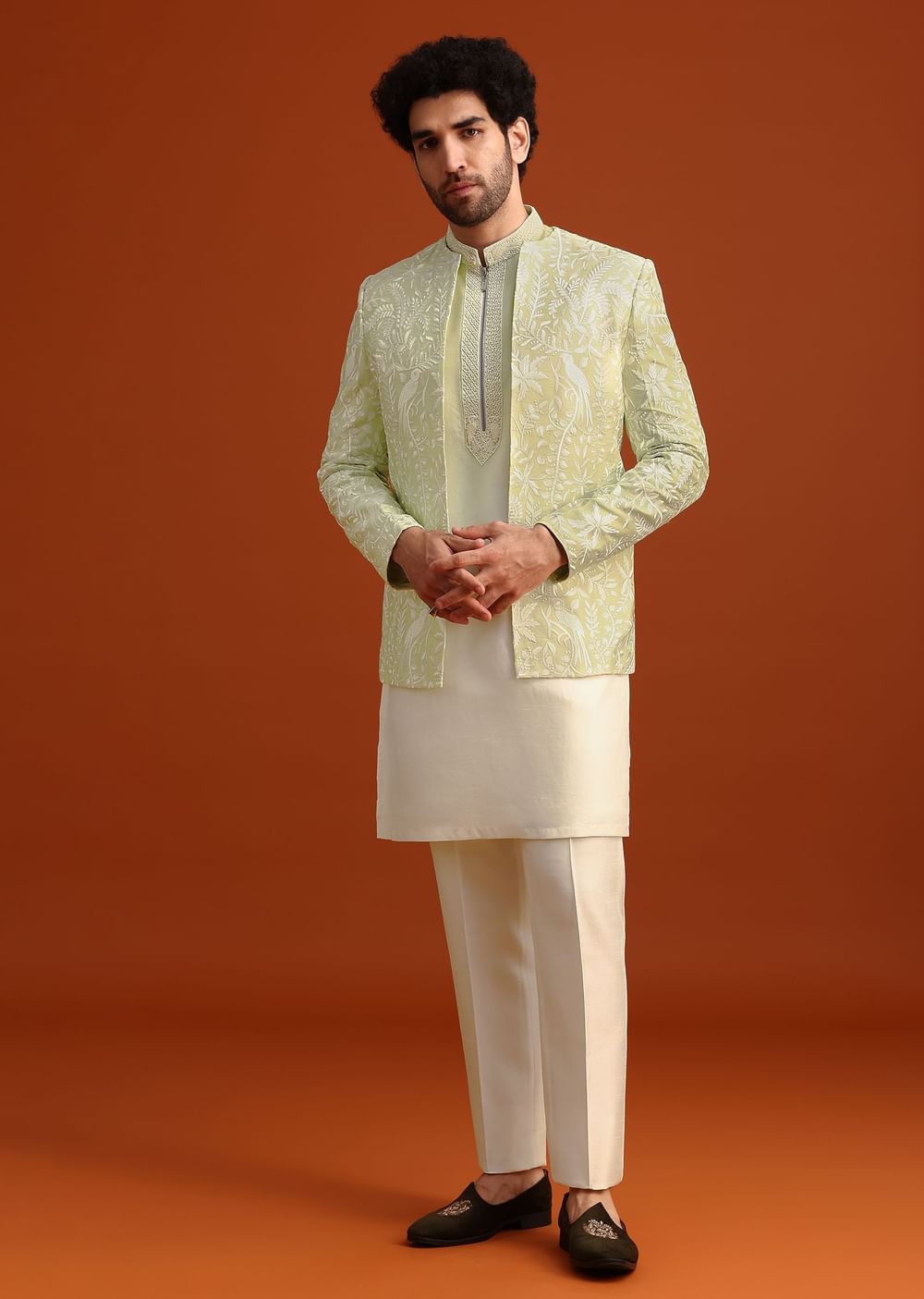 Yellow Silk Indo Western And Kurta Set With French Knots