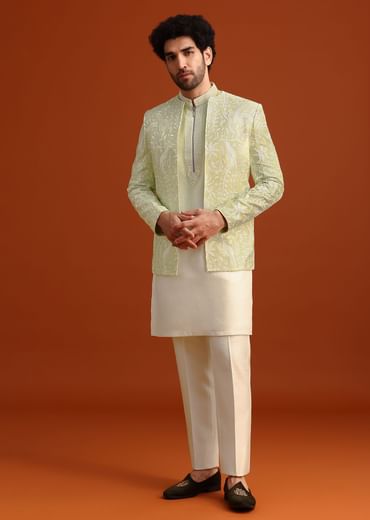 Yellow Silk Indo Western And Kurta Set With French Knots