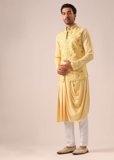 Yellow Silk Jacket And Cowl Draped Kurta Set