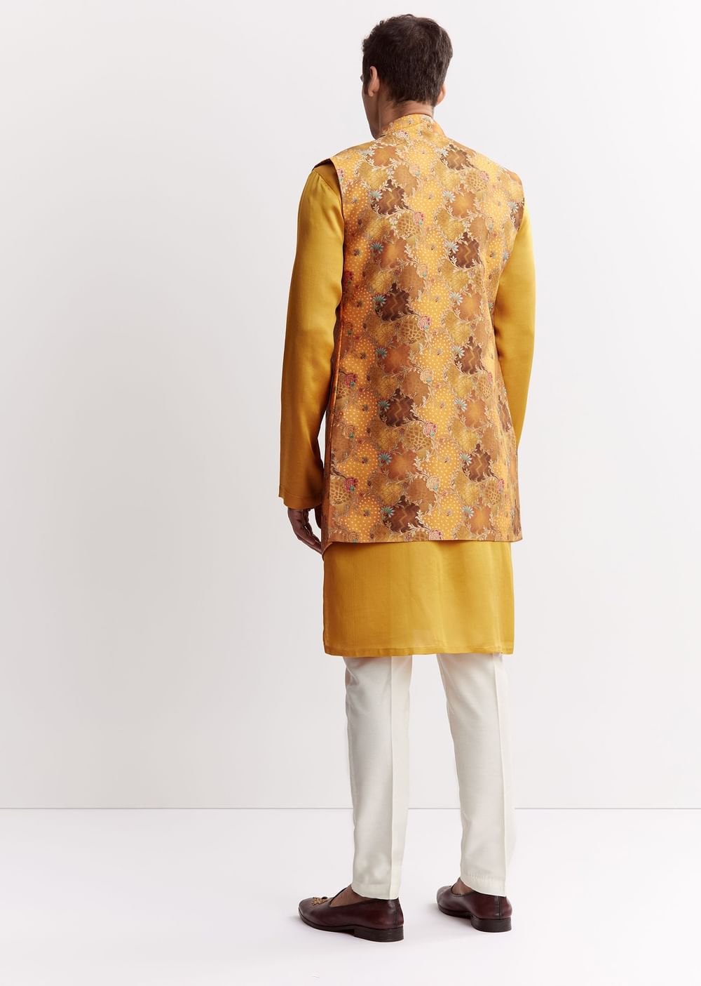 Yellow Silk Jacket Kurta Set With Floral Printed Motifs