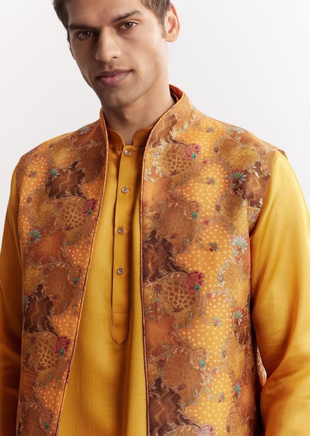 Yellow Silk Jacket Kurta Set With Floral Printed Motifs