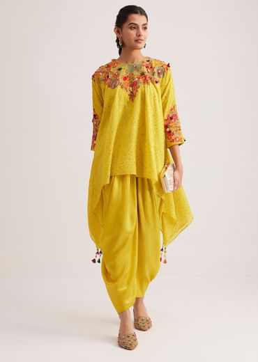 Yellow Silk Kurta Dhoti Set With Resham Embroidery And Tassel Details